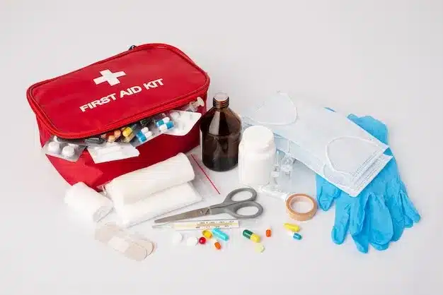 first aid kit white table full s
